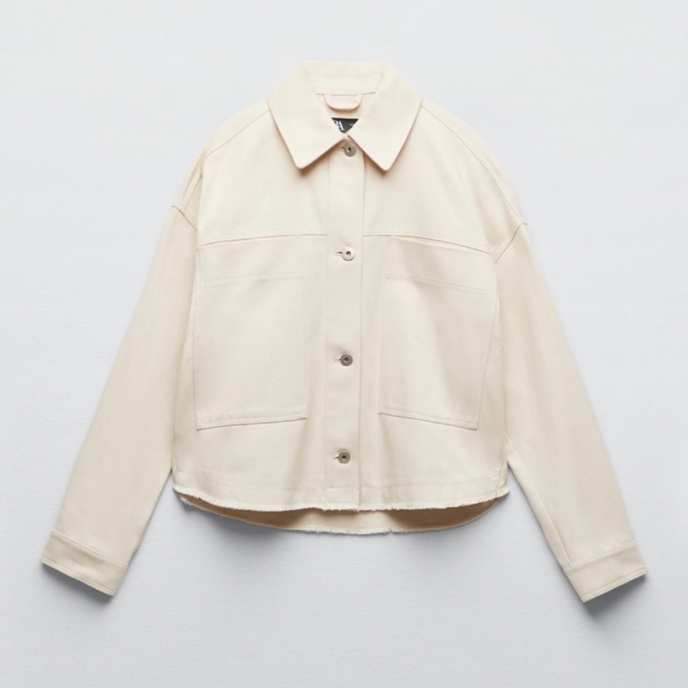 ZARA • Cream Cropped Frayed Hem Denim Jacket, XS - Picture 6 of 16